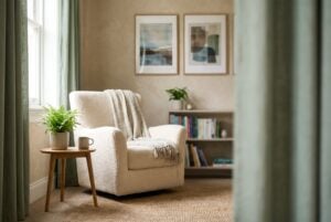 A cozy reading nook with a white armchair, a gray throw blanket, a side table with a plant and mug, bookshelves, and abstract art on the wall.
