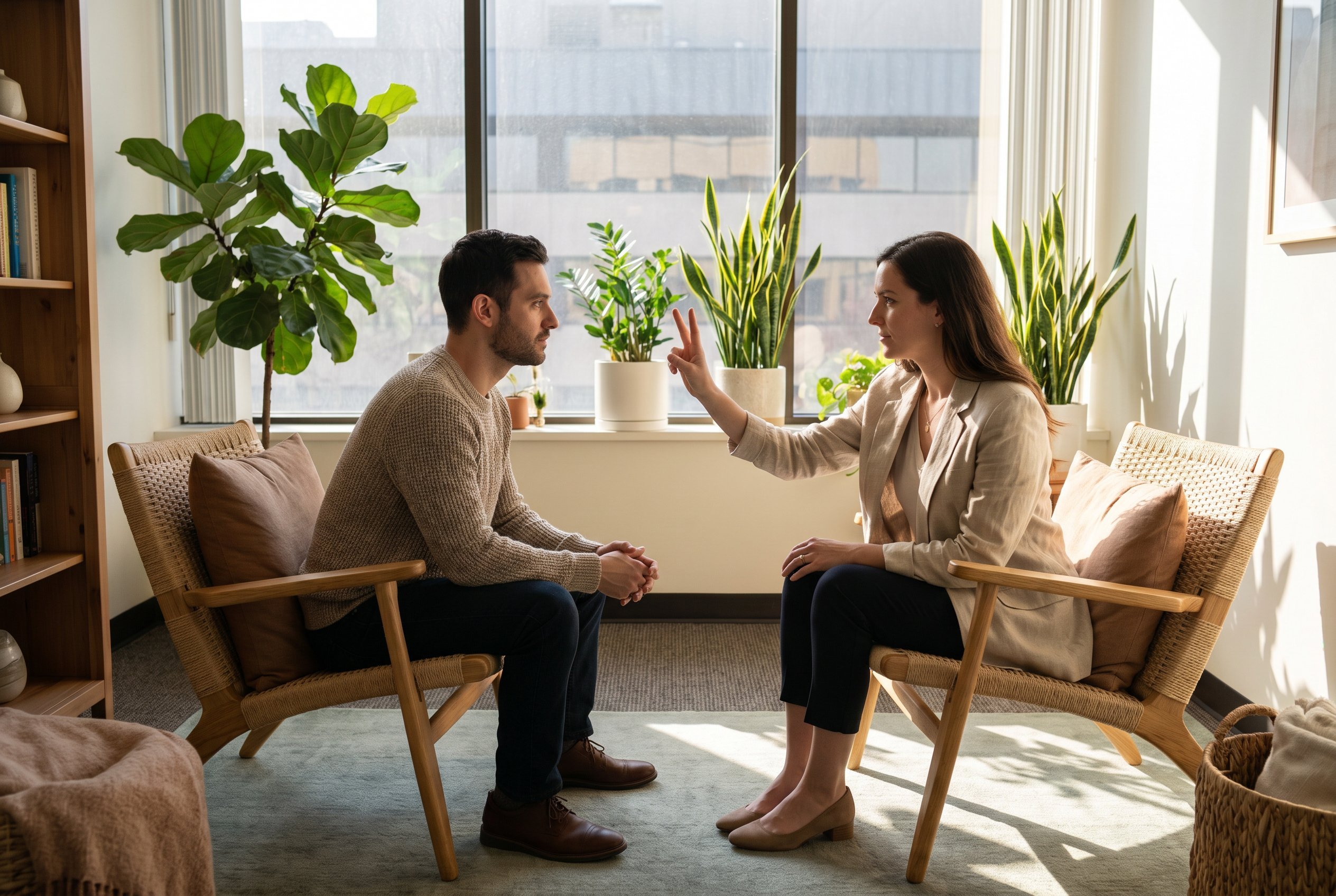 A person sits peacefully in a comfortable therapy office, surrounded by soft lighting that creates a calming atmosphere conducive to healing. This serene environment is ideal for EMDR therapy, where clients can work through traumatic memories and emotional distress with the support of a trauma-informed therapist.