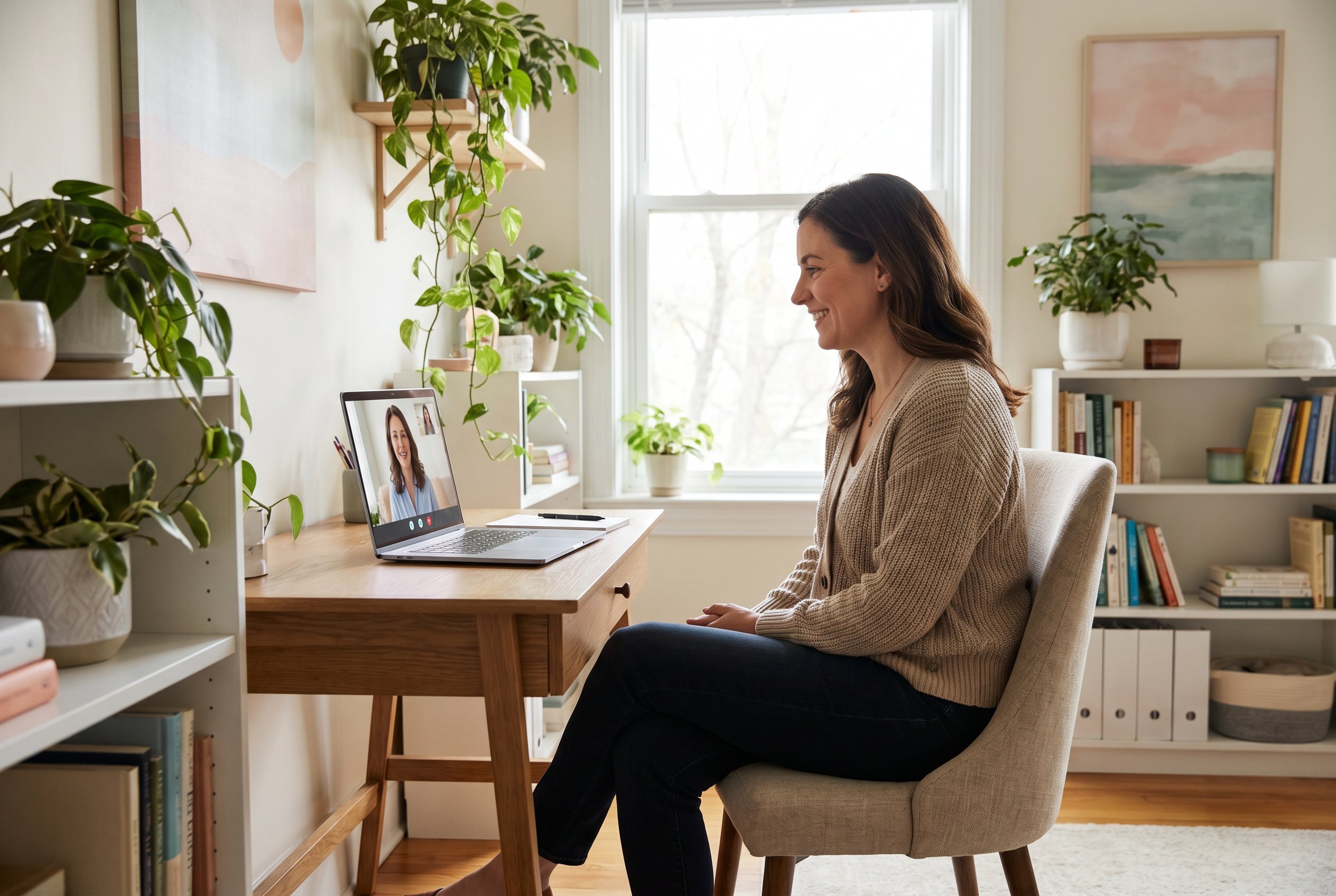 The image depicts a person engaged in a video therapy call from a cozy home environment, highlighting the therapeutic process of EMDR therapy. This setting emphasizes the comfort and accessibility of trauma-informed care, allowing individuals to address emotional distress and traumatic memories in a supportive atmosphere.